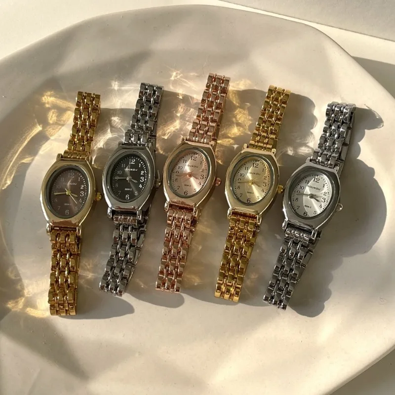 

Vintage Small Oval Dial Watches for Women Ladies High End Gold Stainless Steel Strap Quartz Wristwatches
