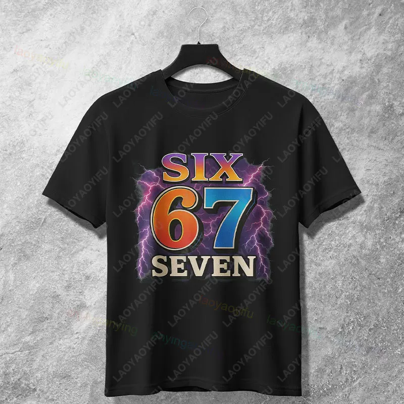 Men's Funny 67 Number Design with Lightning Effects Graphic T-Shirt 100% Cotton Short Sleeve Casual Tshirt All Season Wear