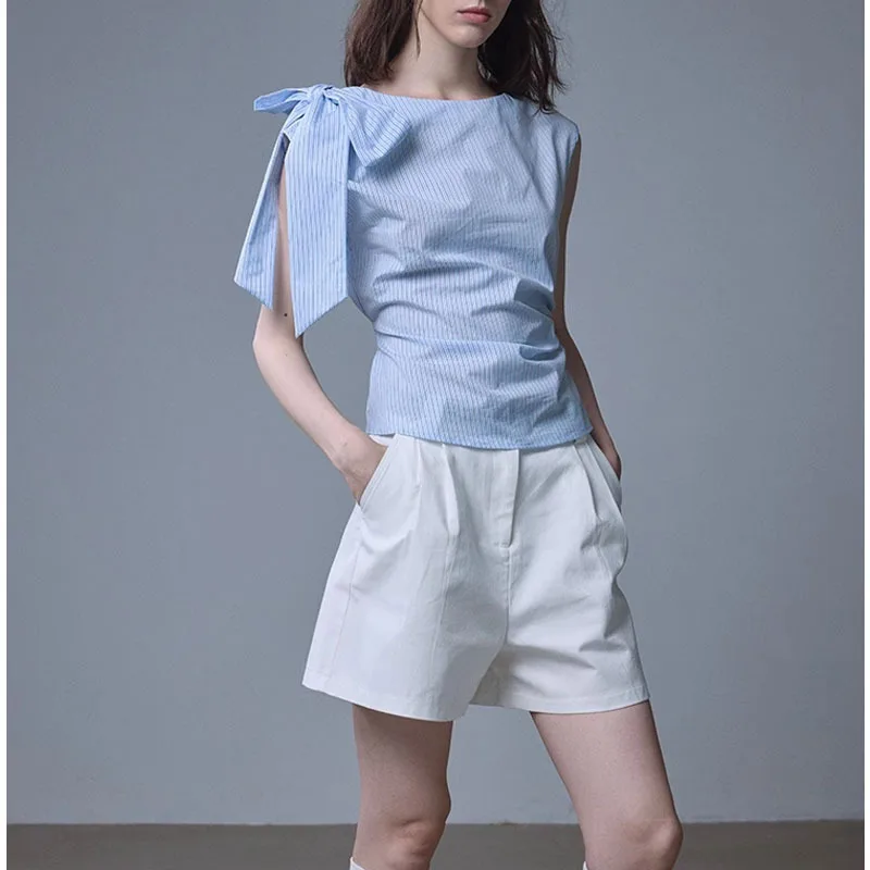 

Sky Blue Striped Asymmetric Sleeveless Shirt Women's Summer Belted Bow Knot Slim Waist Pleated Casual Versatile Female Tops