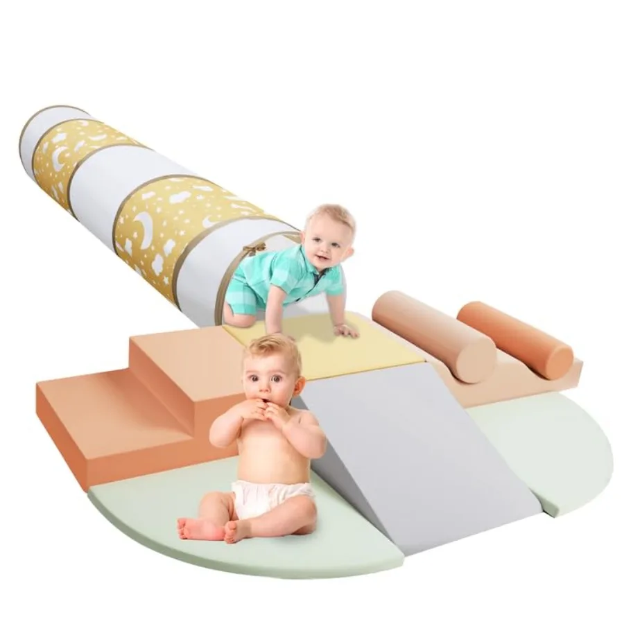 

Indoor toddler climbing toys: soft foam blocks set crawl-through tunnel blue and gray 9-piece safe play gym for climbing crawli