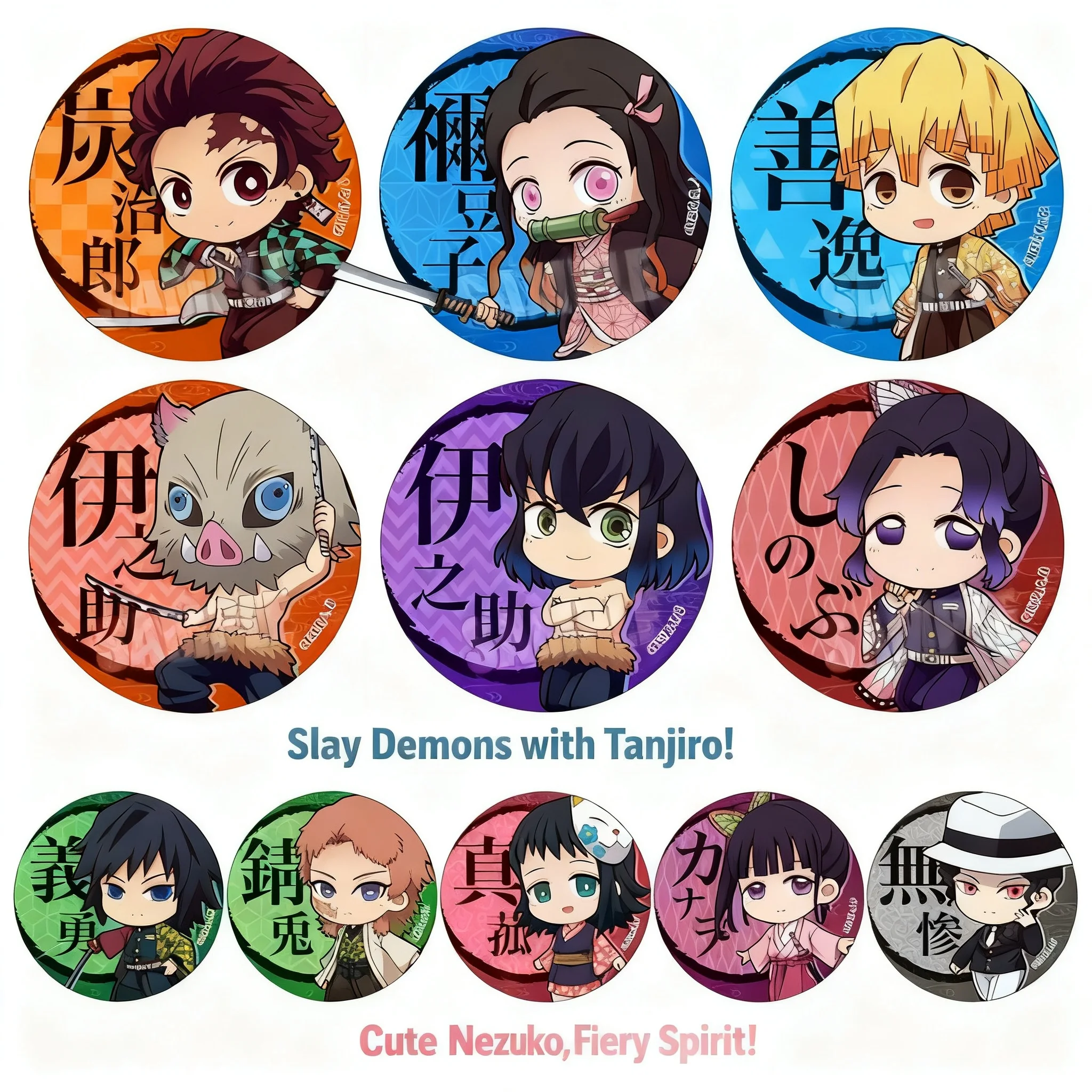 

Набор значков Q-версии Demon Slayer Kimetsu no Yaiba с Томиокой Гию, Коучо Шинобу, Канроджи Мицури — аниме-мерч