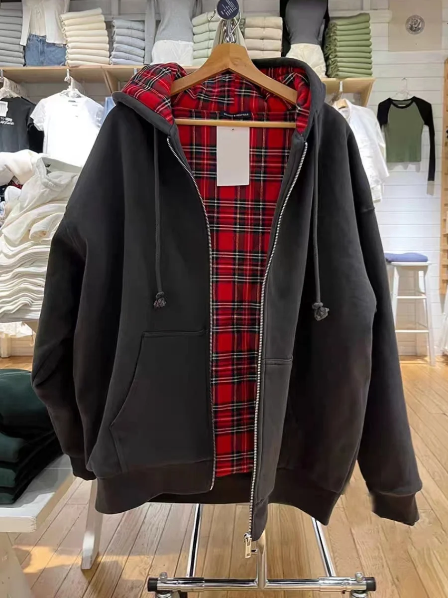 

Американский ретро-свитшот в клетку с капюшоном, утепленный, из хлопка BM, свободного кроя, на молнии, осенний, женский, с длинными рукавами, с карманами