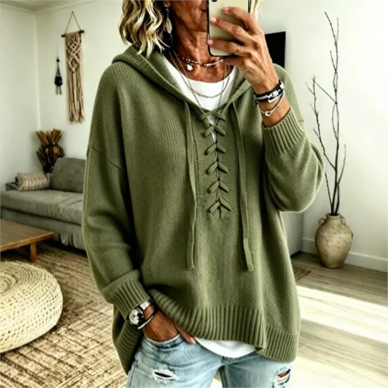 Women Hooded Lace Up Knit Sweater Fashion New Loose Long Sleeve Pullover Solid Color Casual Autumn Winter Knitwear Tops