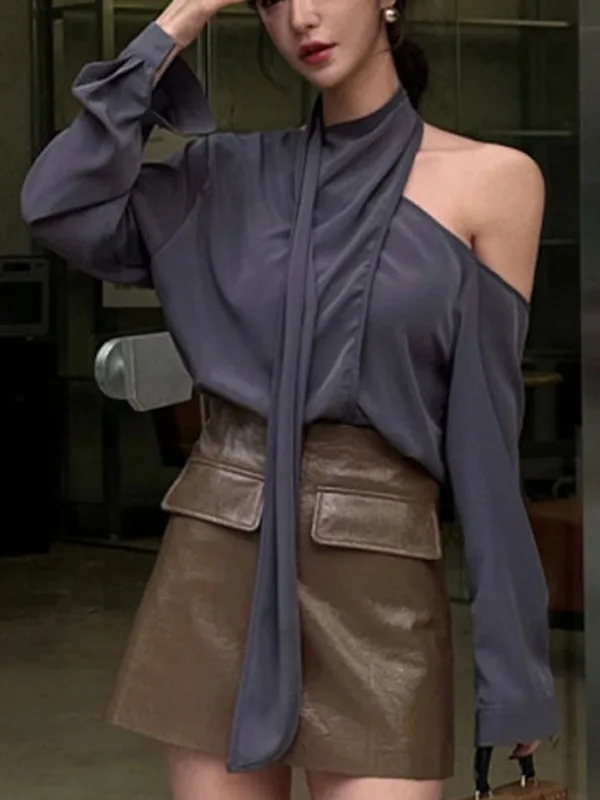 

Ele Long Sve oulder Bared Ne Hanging Sa Design Женский топ Irt осенний новый свободного покроя для поездок на работу