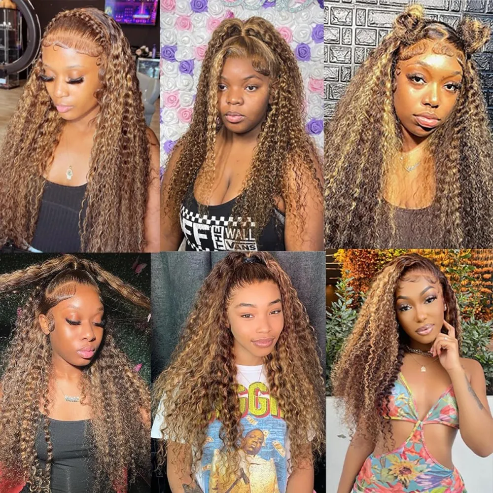 Highlight Curly Wig 13x4 Lace Front Human Hair Wigs For Women Glueless HD Deep Wave Lace Frontal Pre Plucked Wig 4/27 Colored - view 6