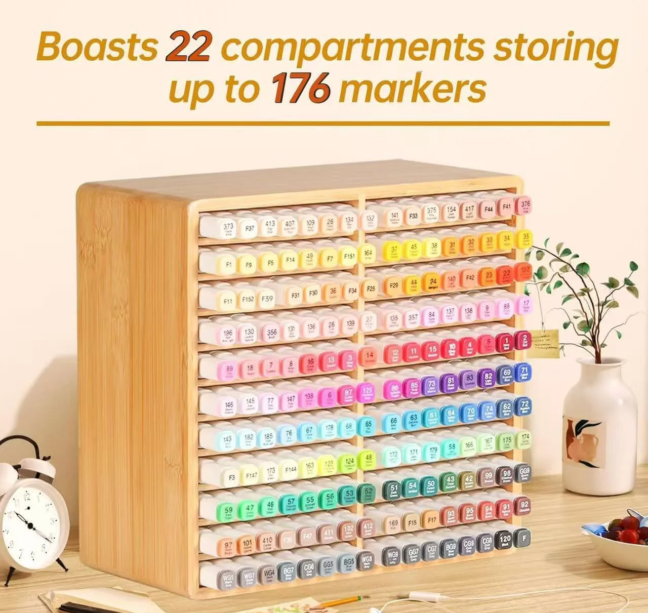Bamboo Marker Organizer Wooden Desktop Storage Hold 128 Markers Pens Pencils Art Brushes Stationary Organizer Pen Holder