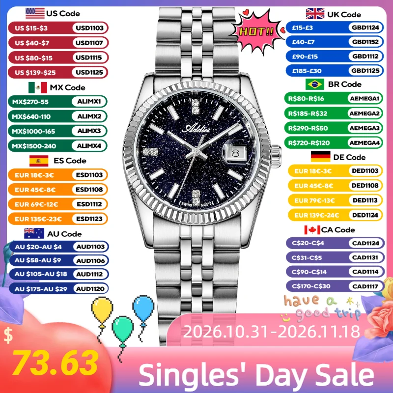 ADDIES Luxury Gold Woman Watch Sapphire Glass BGW9 Luminous 50M Waterproof Lady Watches AW25912 316L Stainless Steel Wristwatch