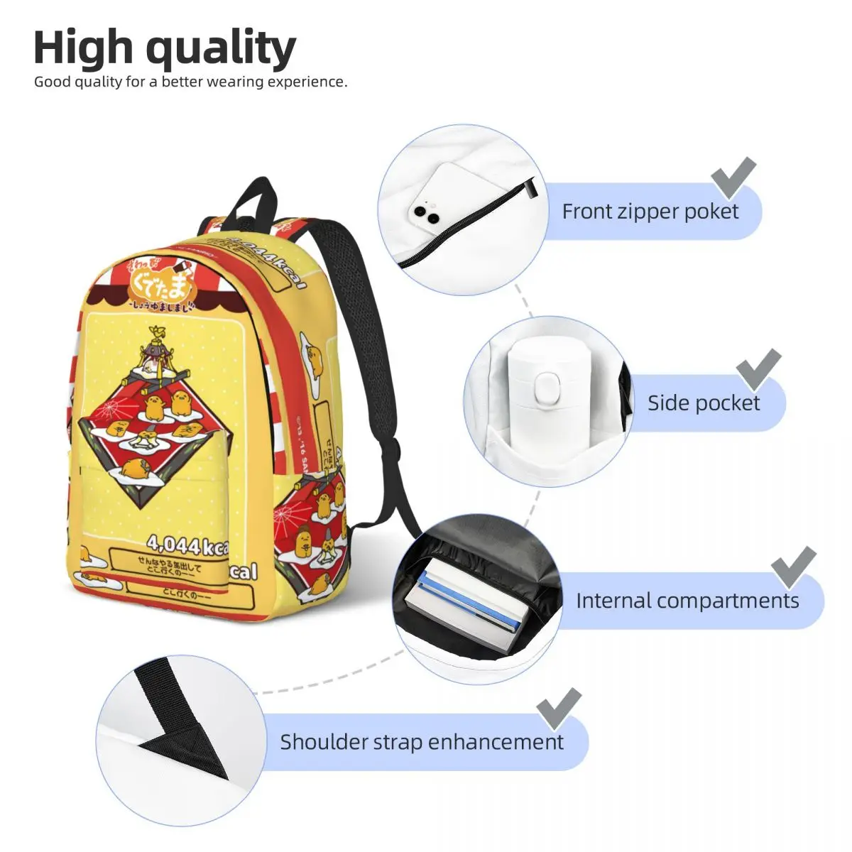 Gudetama Cute Egg Cartoon for Men Women Student School Bookbag Canvas Daypack Middle High College Lightweight