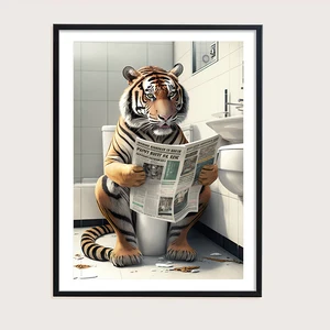 Humorvolle Tierwanddekoration lustiges Badezimmer, Bär, Hund, Tiger, Sitzen in der Toilette, Lesung von Zeitungsplakat, künstlerischer Druck, Leinwandmalerei 10 Hauptverkaufstische mit Tieren - №5