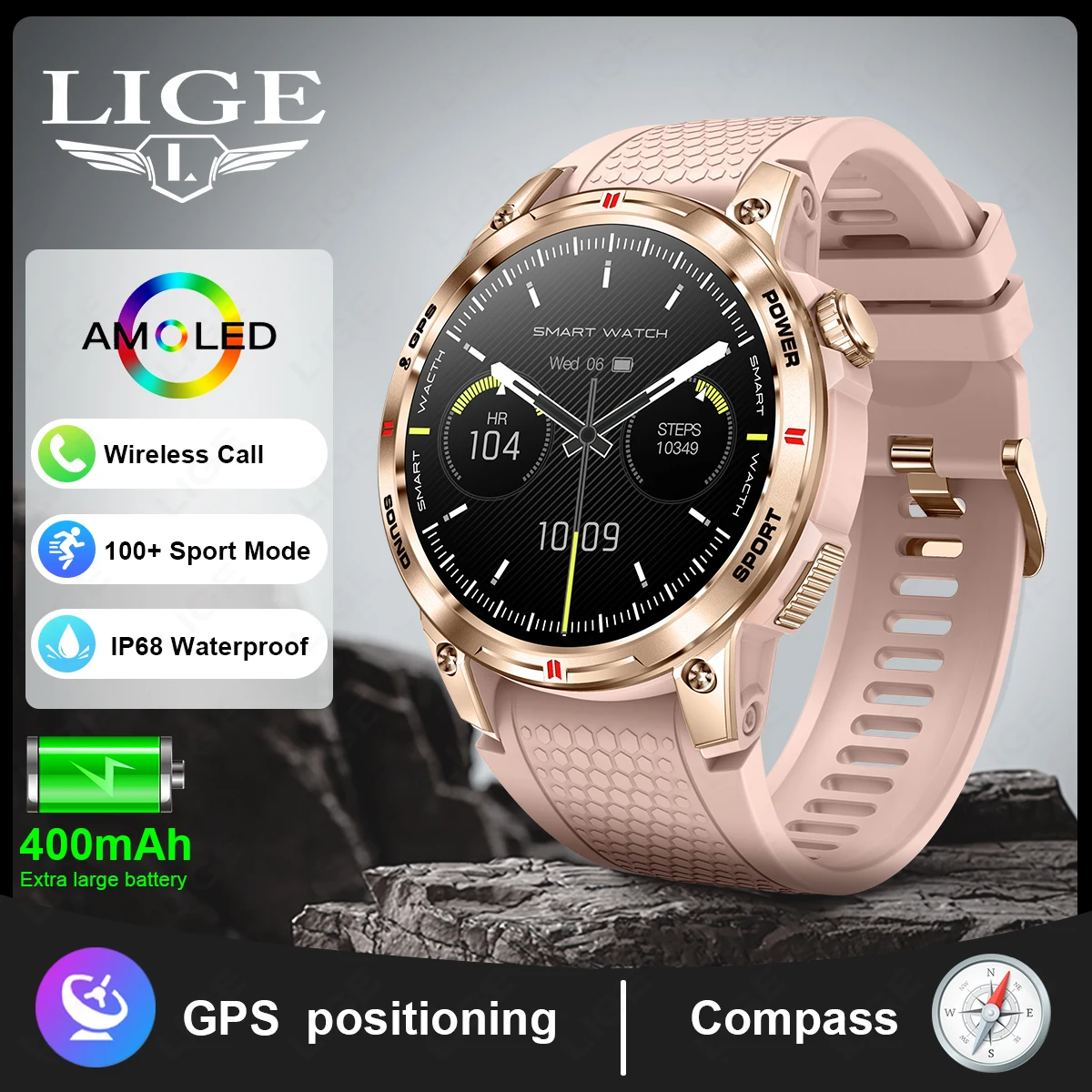 

LIGE GPS Tracker Smart Watch Women Compass Outdoor Sports Watches 466*466 AMOLED Screen Bluetooth Call Waterproof Smartwatch Men