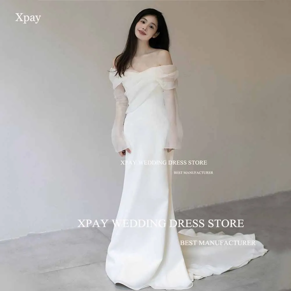 XPAY Schulterfreies Korea-Meerjungfrau-Hochzeitskleid mit langen ausgestellten Ärmeln, Brautkleid, Fotos schießen, rückenfreie Falte, individuelles Brautkleid