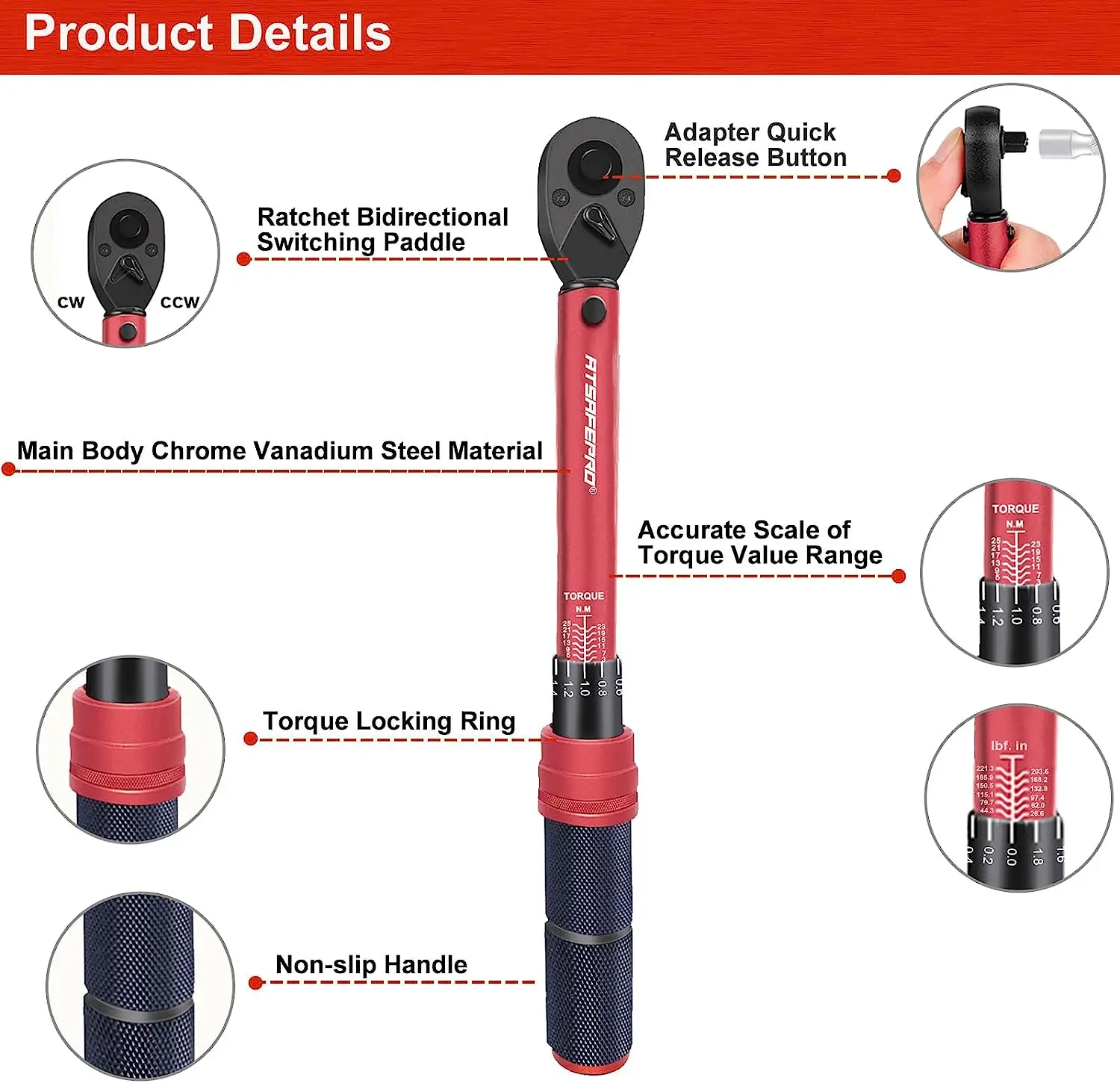 ATSAFEPRO 1/4 Inch Drive Click Torque Wrench 3-25 Nm,Bike Torque Wrench Dual Direction Adjustable 72 Tooth Maintenance Kit