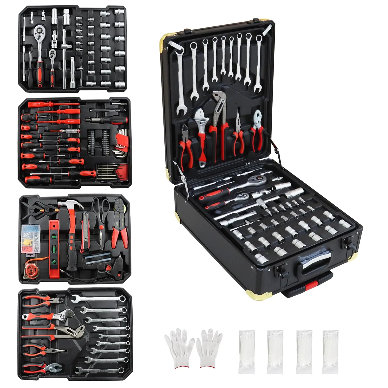 899 pcs Aluminum Trolley Case Tool Set, Removable Portable Hand Toolbox Set with 4 Drawers and Wheels for Auto Maintenance