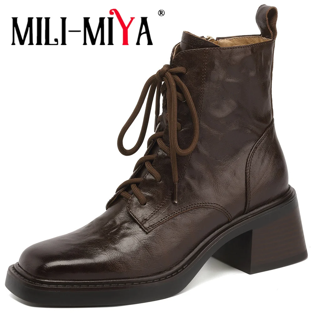 

MILI-MIYA Fashion Square Toe Women Cow Leather Ankle Boots Comfortable Thick Heels Zippers Solid Color Casual Street Shoes