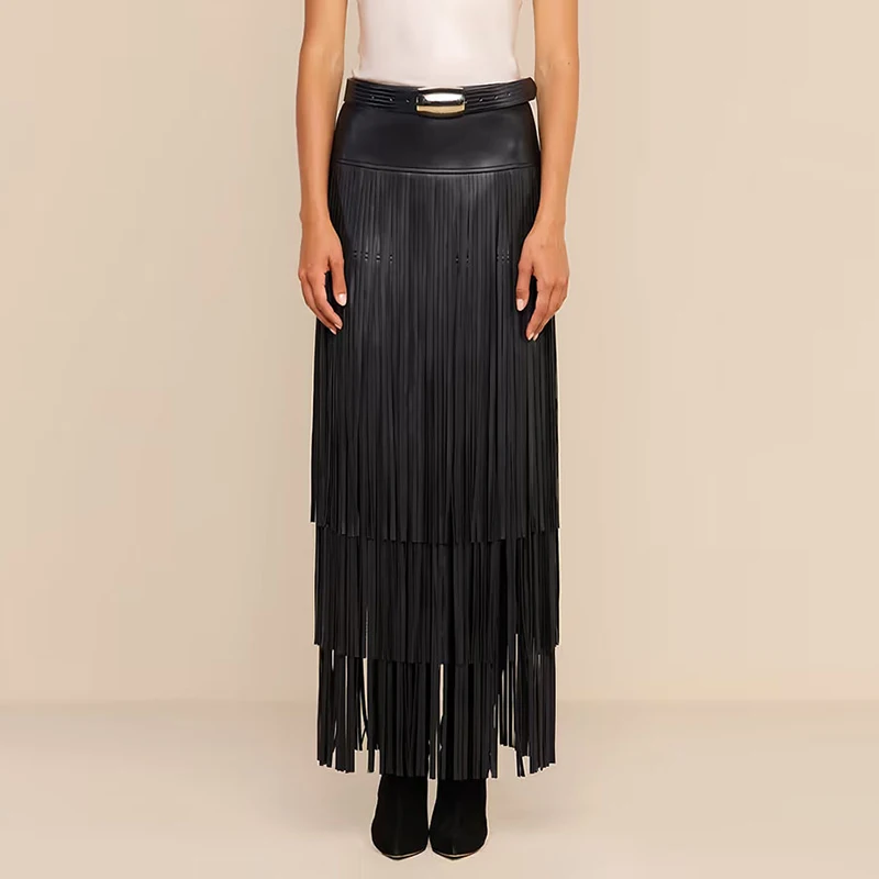 Lady Elegant Tassel Splice Hang Feeling Skirt Unique Solid High Waist A-Line Office Skirt Autumn Fashion Irregular Leather Skirt
