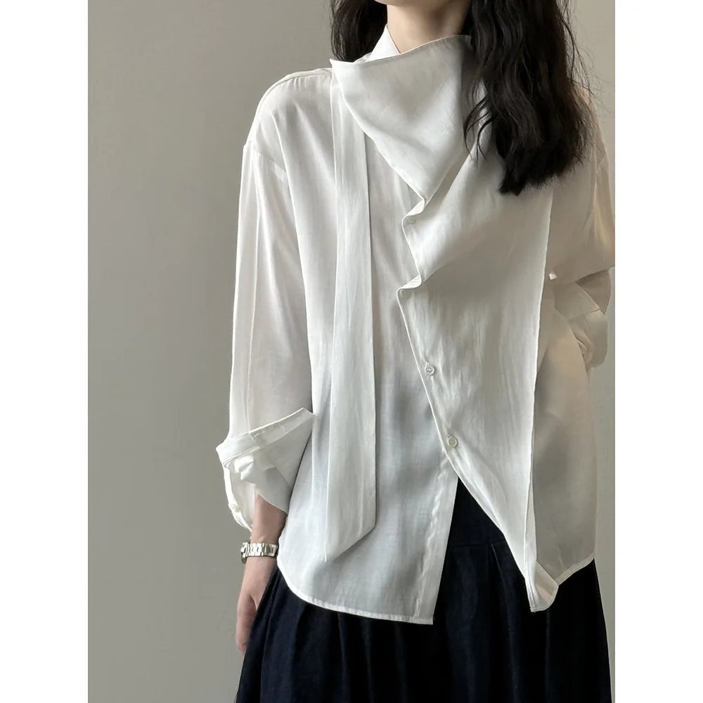

SuperAen Korean Style Swinging Collar Shirt for Women's Autumn New Long-sleeved Asymmetrical Casual Shirts