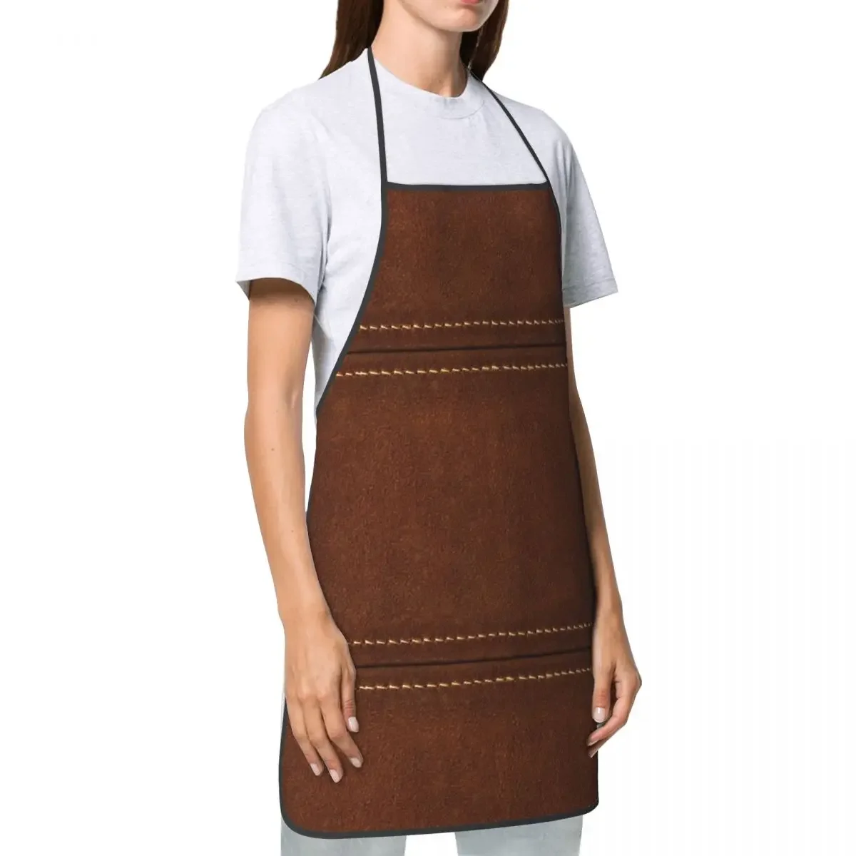 Brown Stitched Leather Textures Bib Apron Adult Women Men Chef Tablier Cuisine for Kitchen Cooking Vintage Medieval Style Baking