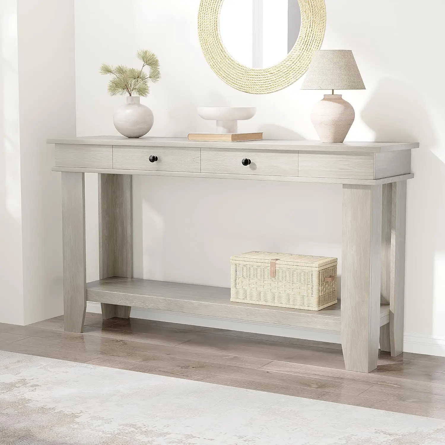 Farmhouse Console Table 2 Drawers Open Shelf, 54