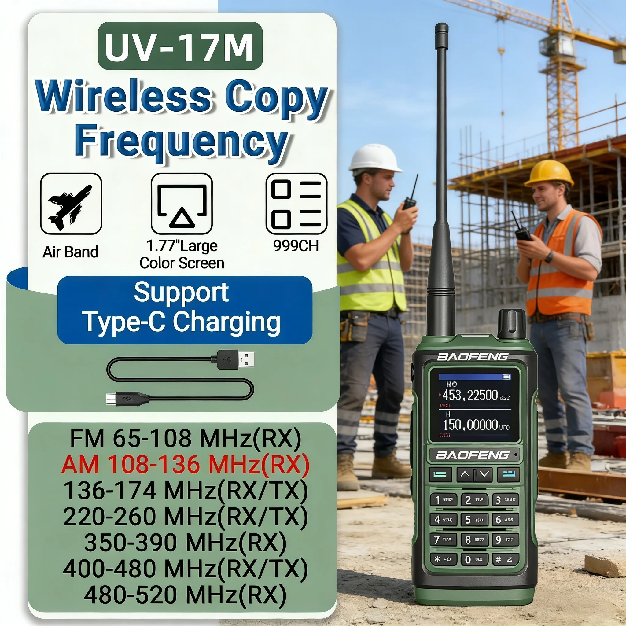 

Рация Baofeng UV-17M: Шестидиапазонная, с быстрым поиском частоты, авиадиапазон, большая дальность, NOAA, 999 каналов, аналог UV-5R 17 Pro, для радиолюбителей