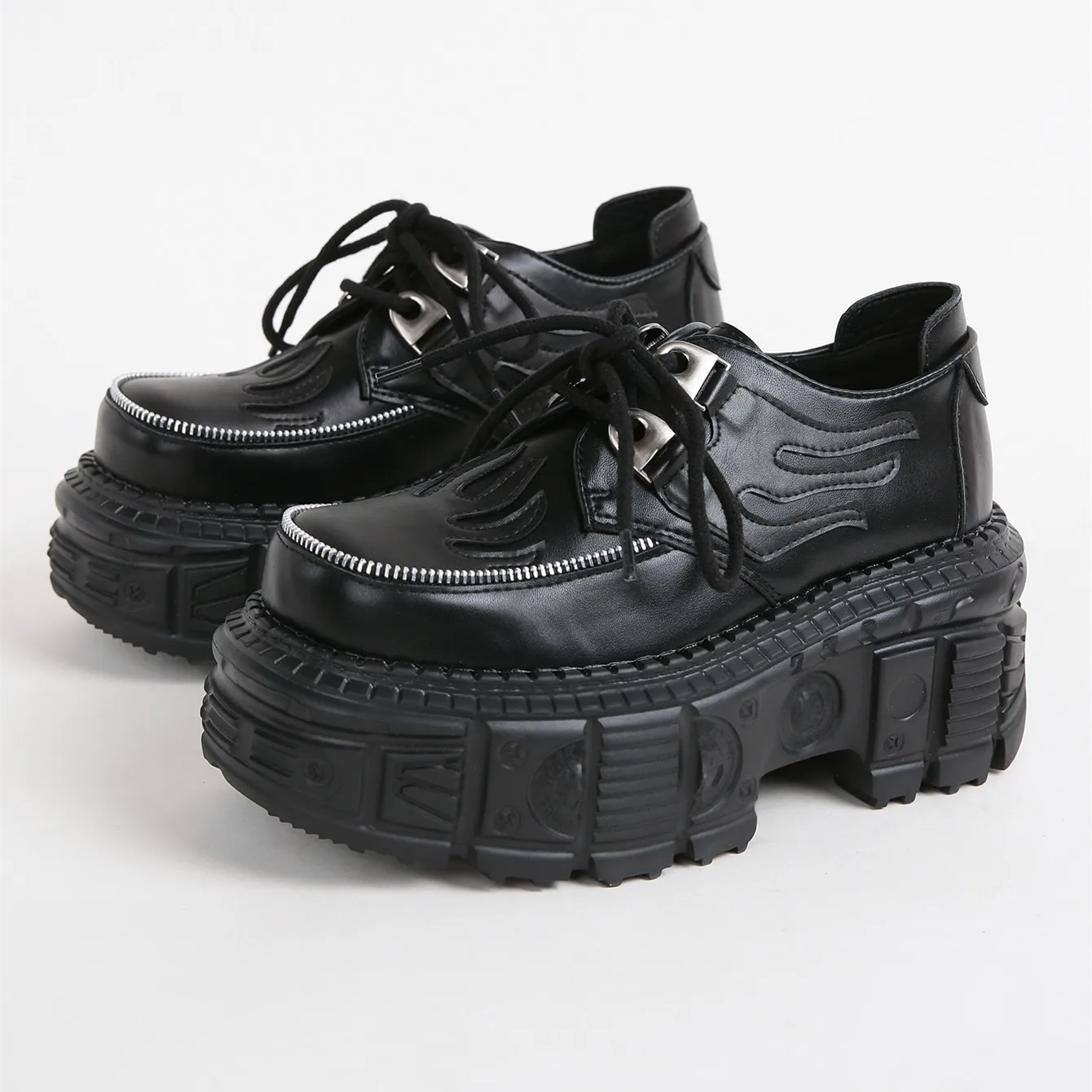 

Punk Style Thick Soled Shoes Women Fashion Flame Metal Zipper Zip Lace Up Leather Shoes Street Platform Shoes For Men And Women