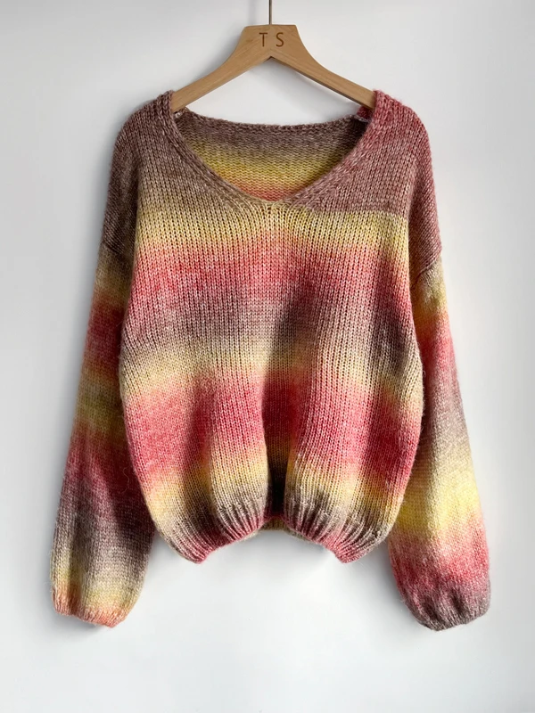Laid-ba Sle V-ne Knitwear Women's Faion Autumn New Casual Hand Knitted Outerwear Personali Top Color Blo Design