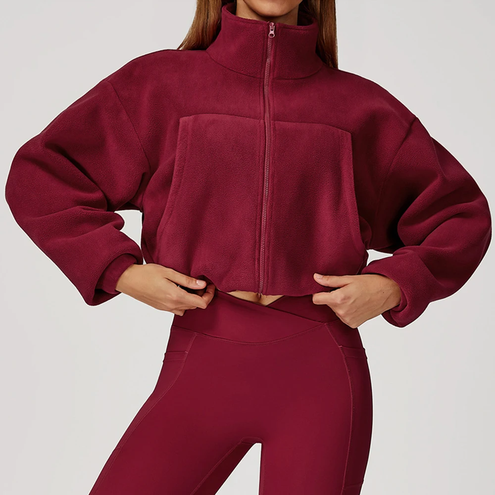 الشتاء اليوغا طويلة الأكمام الوقوف طوق البلوز فضفاضة في الهواء الطلق تشغيل سترة رياضية المرأة يندبروف سستة الدافئة البلوز