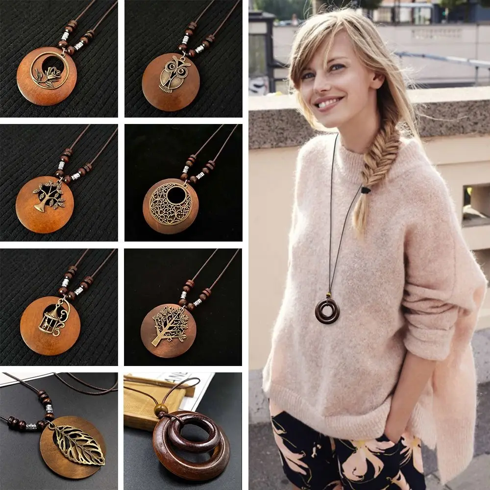 Wooden Retro Neck Accessories Vintage Leather Lanyard Female Jewelry Sweater Necklace Sweater Chain Clothing Pendant Necklace