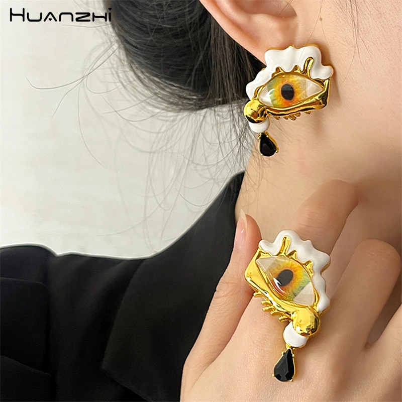 HUANZHI Personality Ear Devil Eye Nose Earring Exaggerated Asymmetry Teardrop Gold Color Vintage Chunky Jewelry for Women New