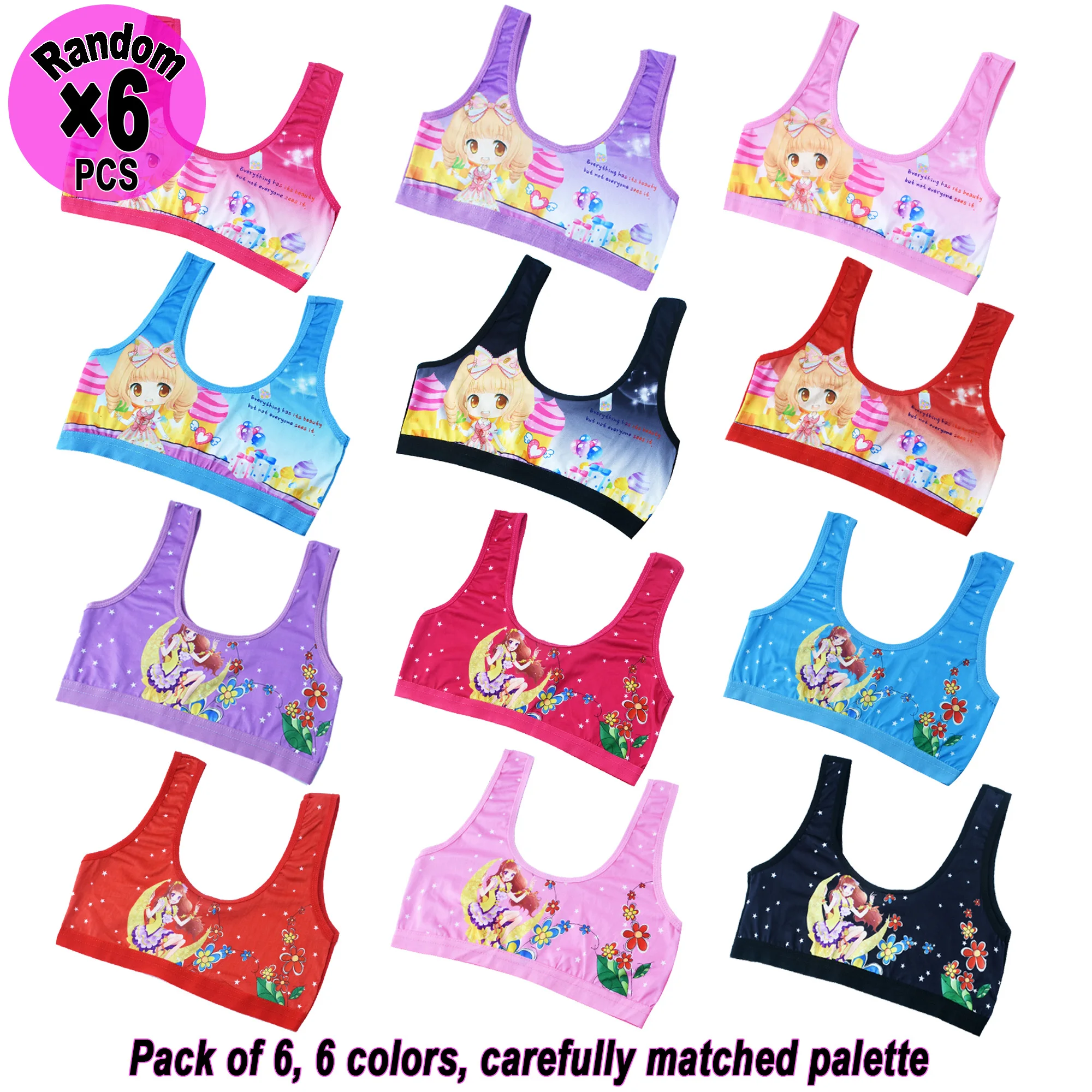 6-Pack Cartoon Girls' Underwear Comfortable Vest Sports Tank Top Short Upperwear for Teen Girls Kids Crop Top Bras