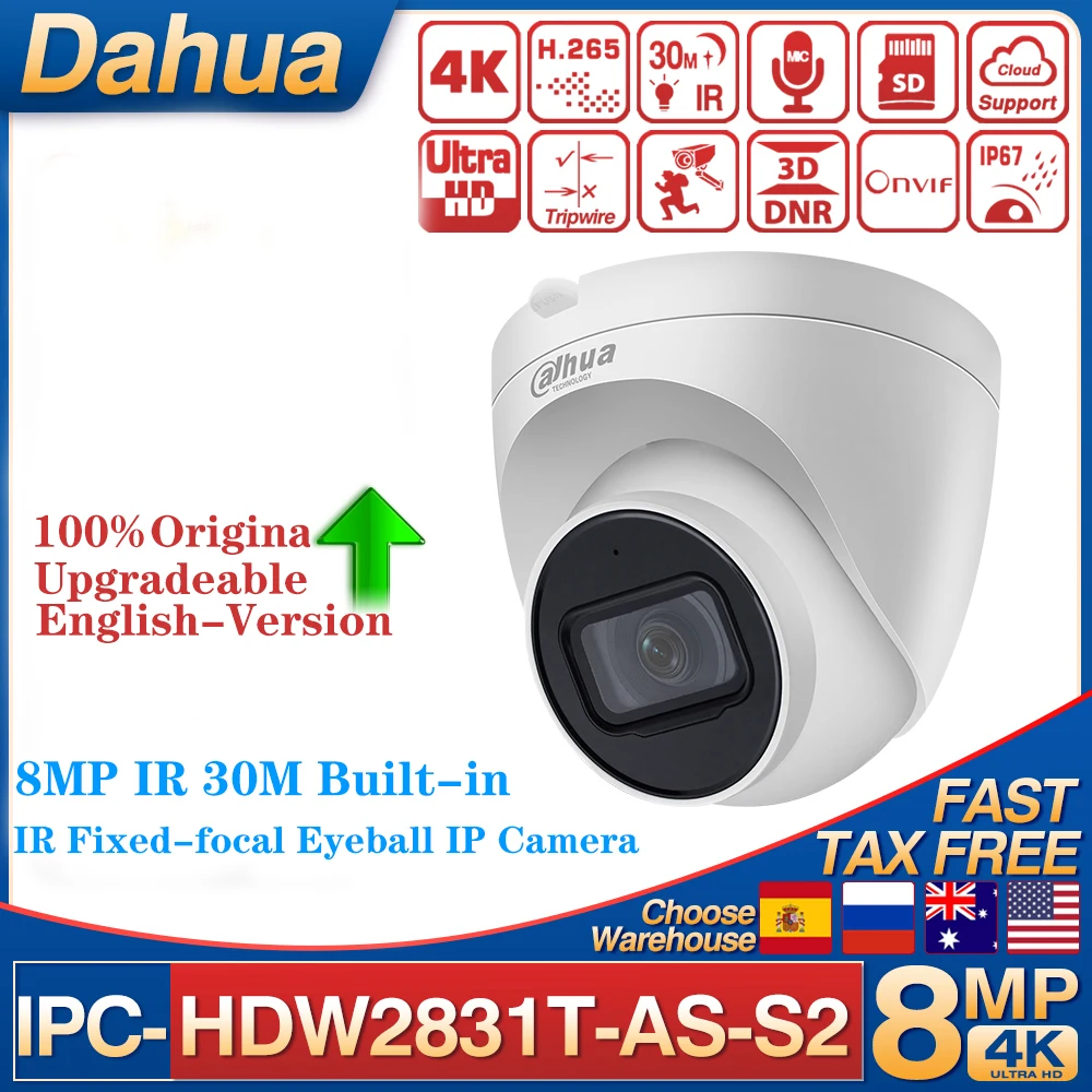 Dahua 8MP 4K IR 30M IP Camera IPC-HDW2831T-AS-S2 International Version Built-in MicLite IR Fixed-focal Eyeball Network Camera