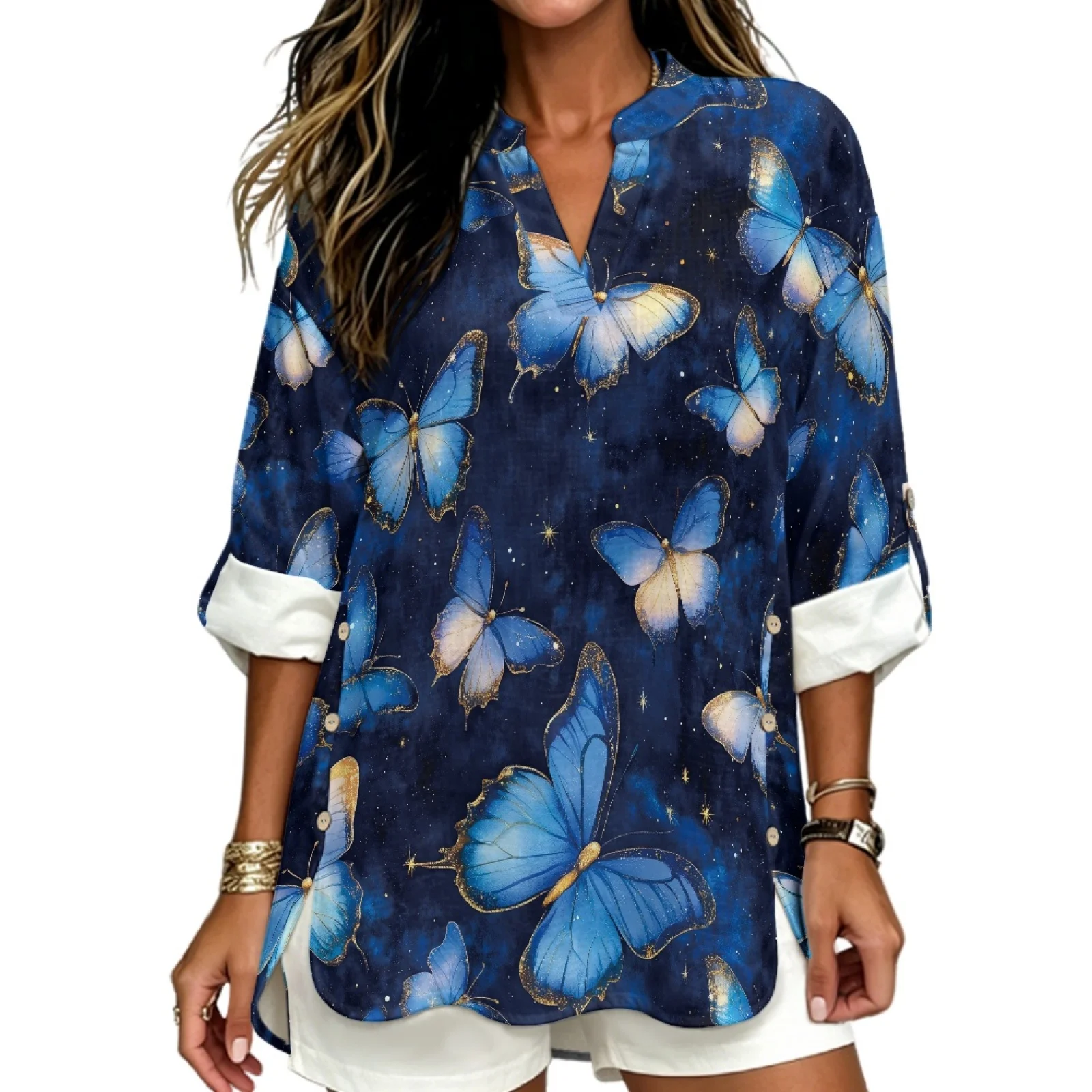PENSTROLL Blue Butterfly Sky Linen Like V Neck Shirts for Fall Trendy Tunic Tops Tunic Shirts