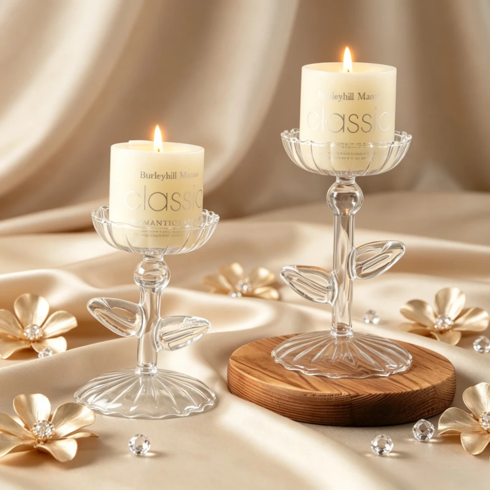 Floral Leaf Shaped Glass Candle Holder Transparent Tall Short Candlestick for Pillar Candle Home Tabletop Wedding Party Decor