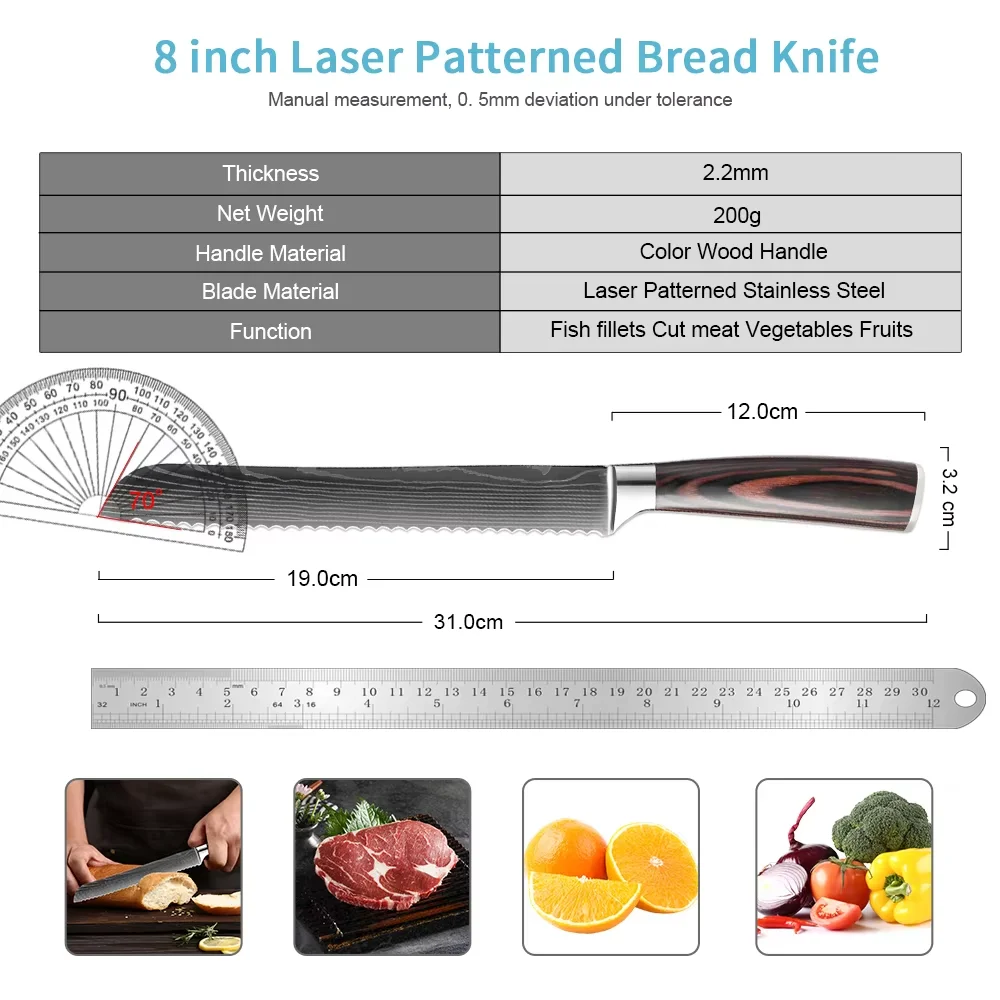 XITUO Bread Knife 8” Serrated Knife Damascus Laser Pattern Steel Knife for Homemade Bread, Razor Sharp Edge for Slicing Bread