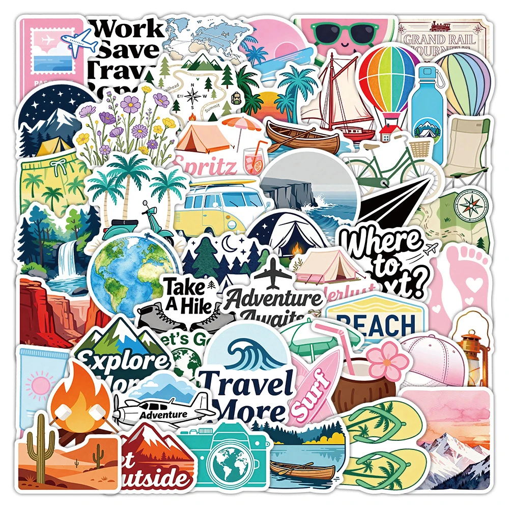 

10/30/50pcs Cute Cartoon Outdoor Camping Stickers Hiking Travel Aesthetic Decals DIY Notebook Guitar Phone Graffiti Sticker Pack