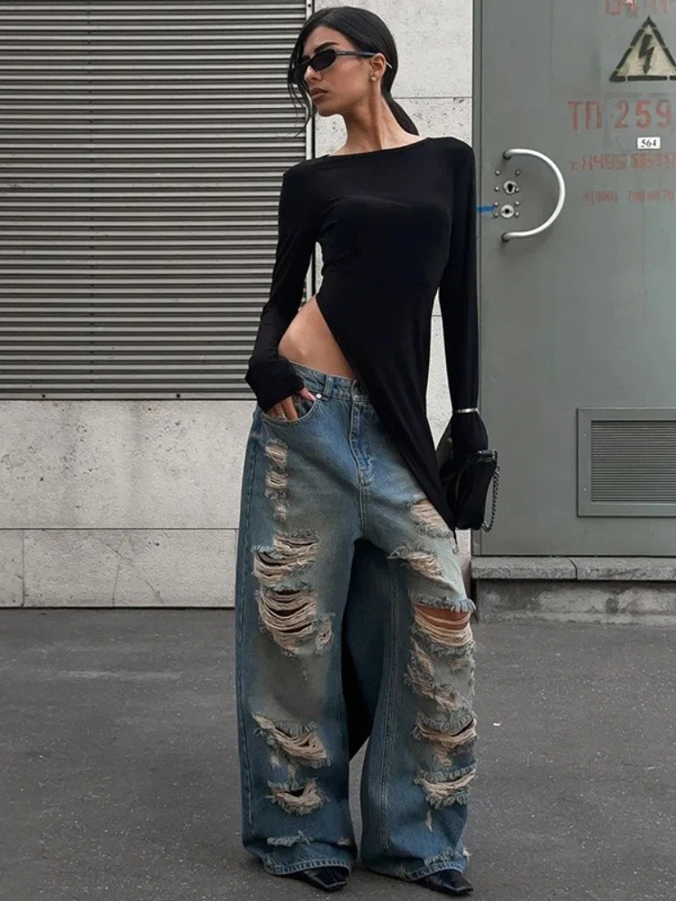 Mulher roupas o pescoço manga longa alta fenda sólido preto camiseta vestido streetwear senhoras chique irregular longo festa clube vestidos