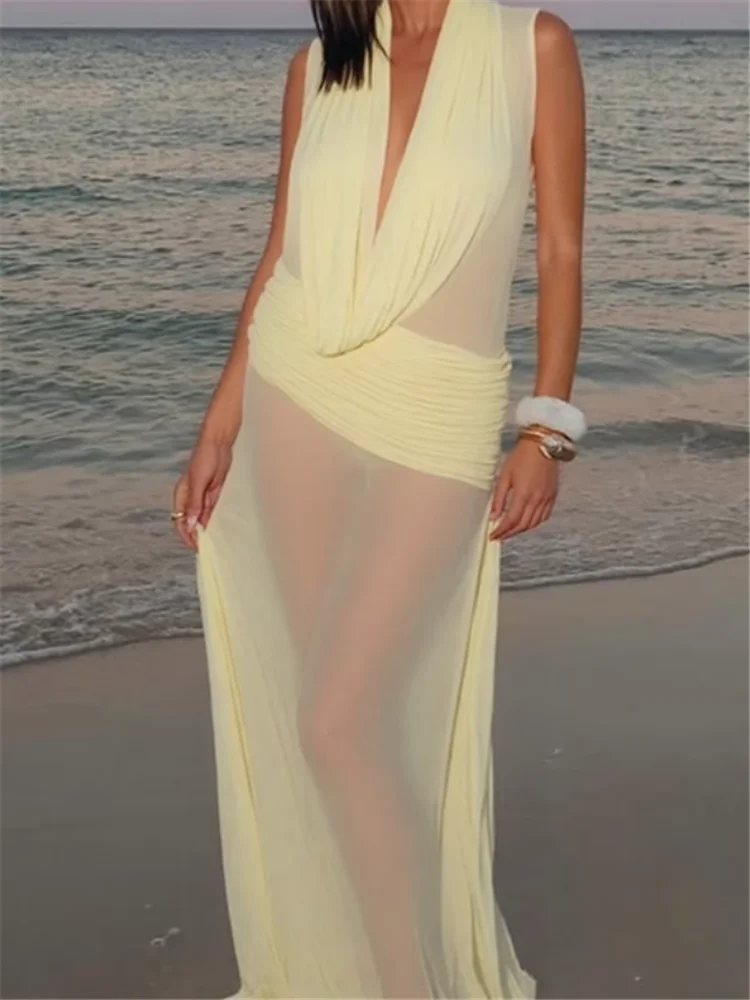 Sexy col en V profond abricot maille transparente Patchwork longue robe vacances nouvelle mode d'été Transparent bord de mer vacances robe de plage