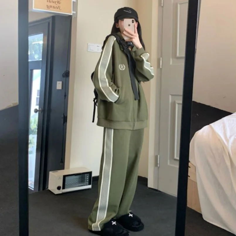 College Style Autumn Winter Sports Sports Suit Female Student Korean Version Loose and Slim Bodysuit Two-piece Set