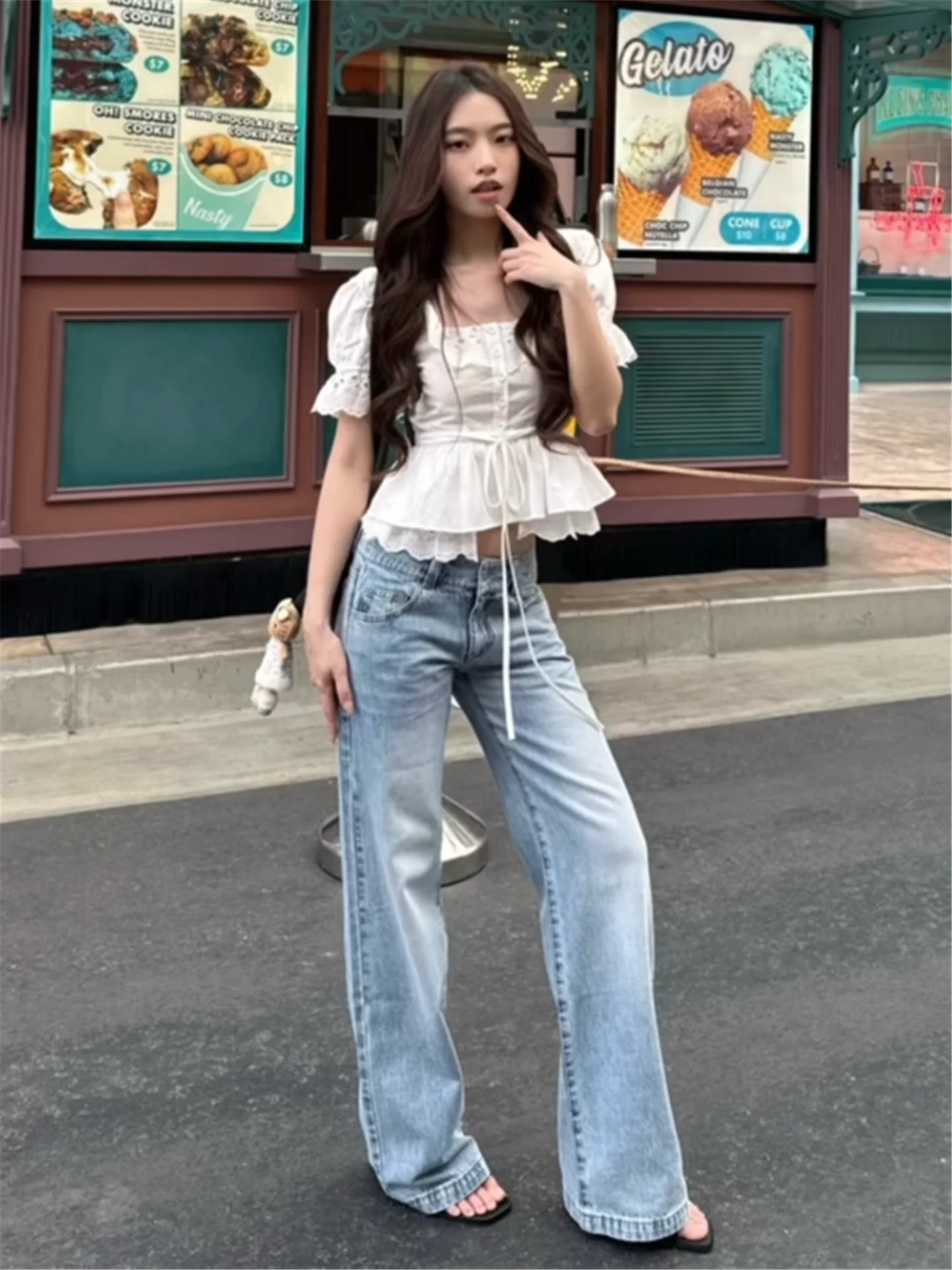 

American Style Vintage Light Wash Straight Leg Jeans Women's Loose Slimming Tall Extended Length Low Waist Pants