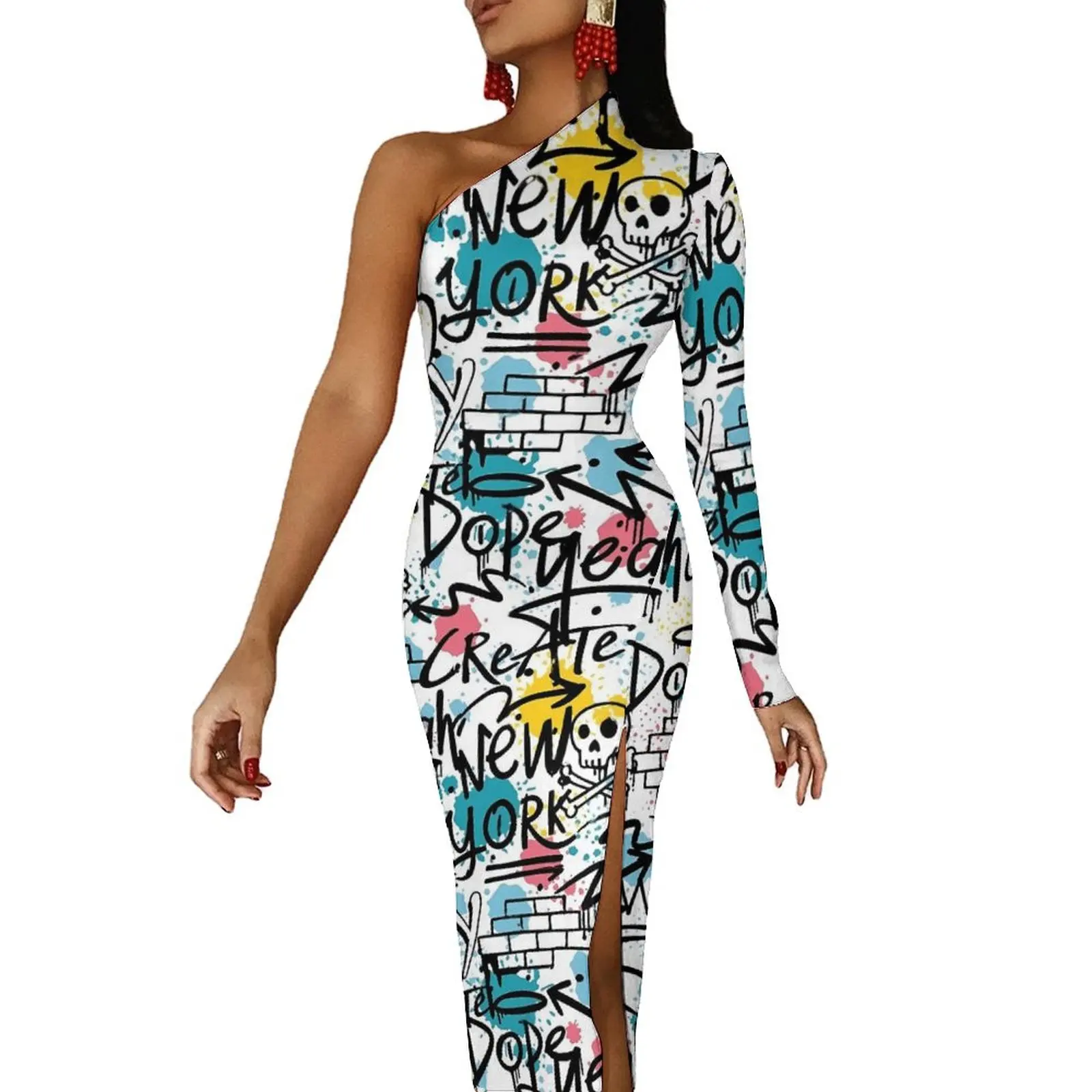 

Graffiti Design Bodycon Dress Women Letter Print Club Maxi Dress One Shoulder Streetwear Pattern Dresses Gift Idea