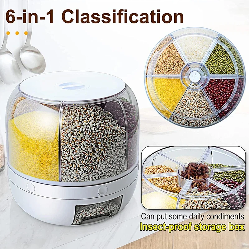 Dispensador de arroz giratorio de 360 grados, Cubo de grano de cereales seco sellado, a prueba de humedad, contenedor de alimentos de cocina, caja