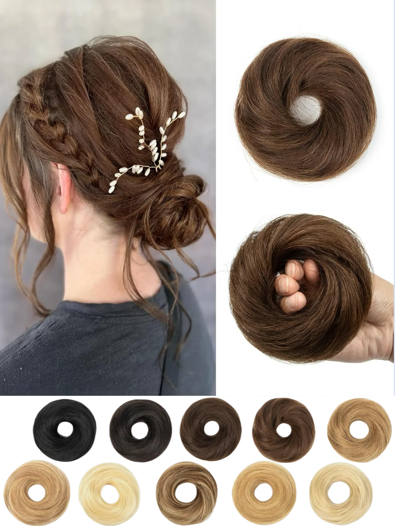 乱雑なお団子ヘアピース人毛ナチュラルブラックウェーブトゥースルドストレッチふわふわドーナツアップヘアエレガントシニヨンゴムバンド付き