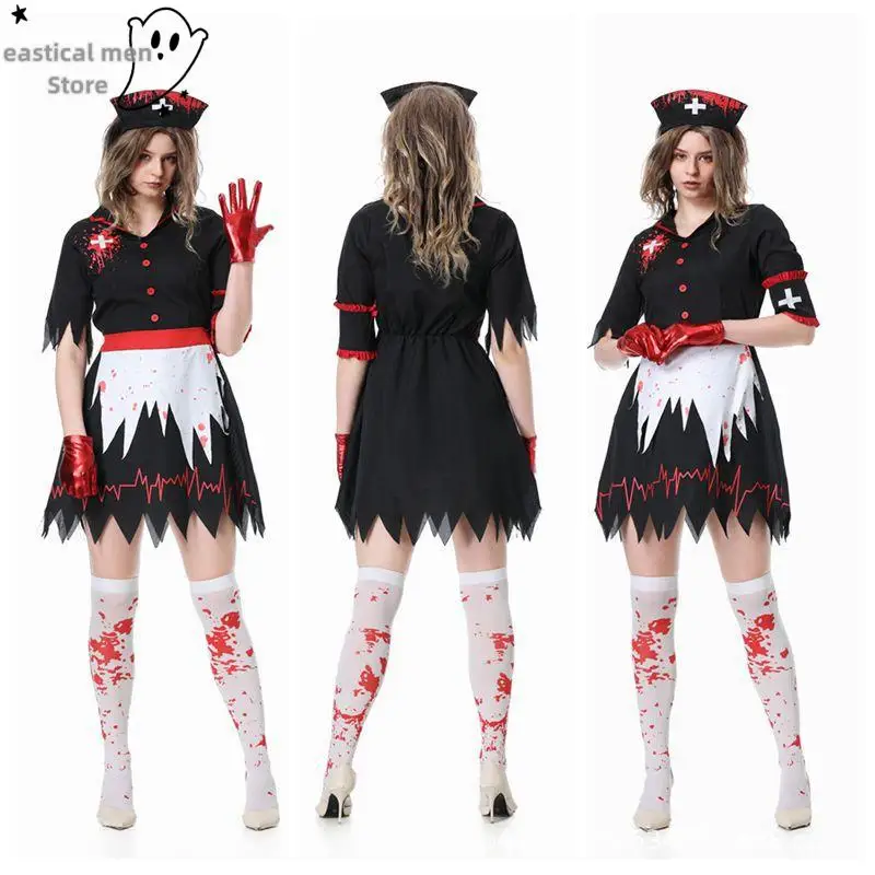 Disfraz de vampiro para mujer, fiesta de Halloween, enfermera zombi, disfraz de Cosplay, medias de maquillaje de vampiro con manchas de sangre
