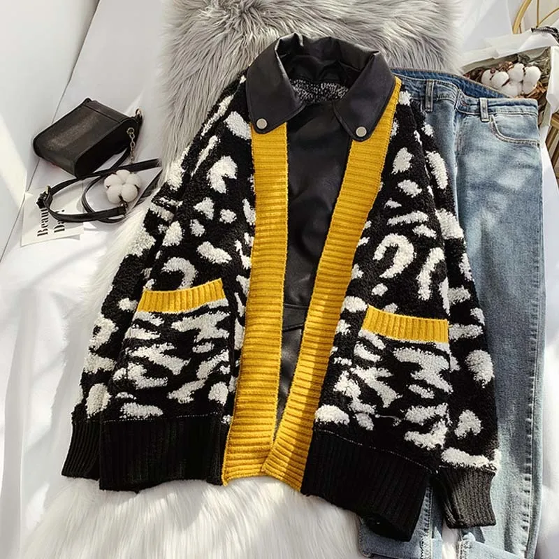 ZURICHOUSE Leopard Print Jacket Women Patchwork Knit Lambswool Coat Fake Two-piece Streetwear Oversized Zipper Leather Outerwear