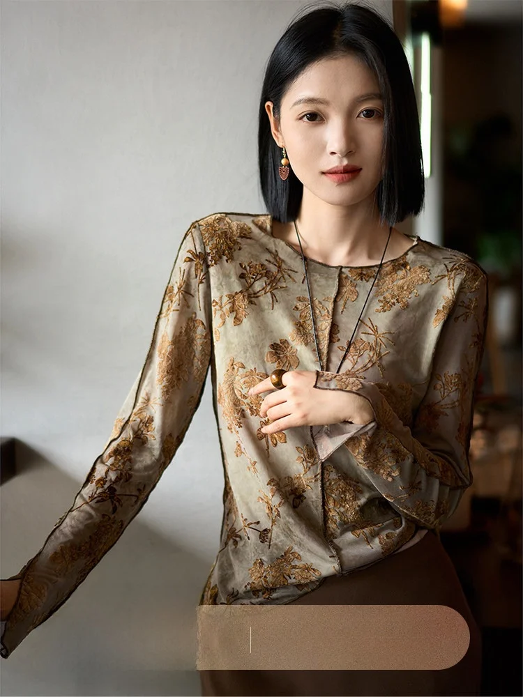 Gold Embroidered Long Sleeve Flocking Mesh Base Shirt Ancient Elegant Rich Girl's Shirt Breathable Comfortable Women's T-shirt