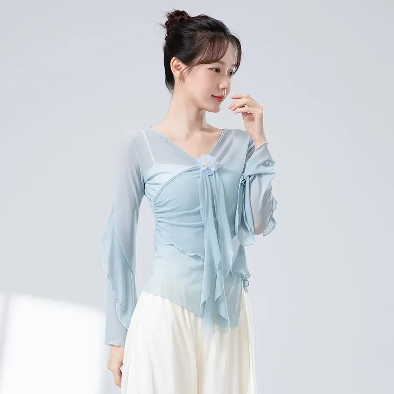 Classical Dance Gauze Mesh Top Women Flared Sleeve Sheer Shirt Training Flowy Body Rhyme Competition Tops Chinese Folk Dancewear