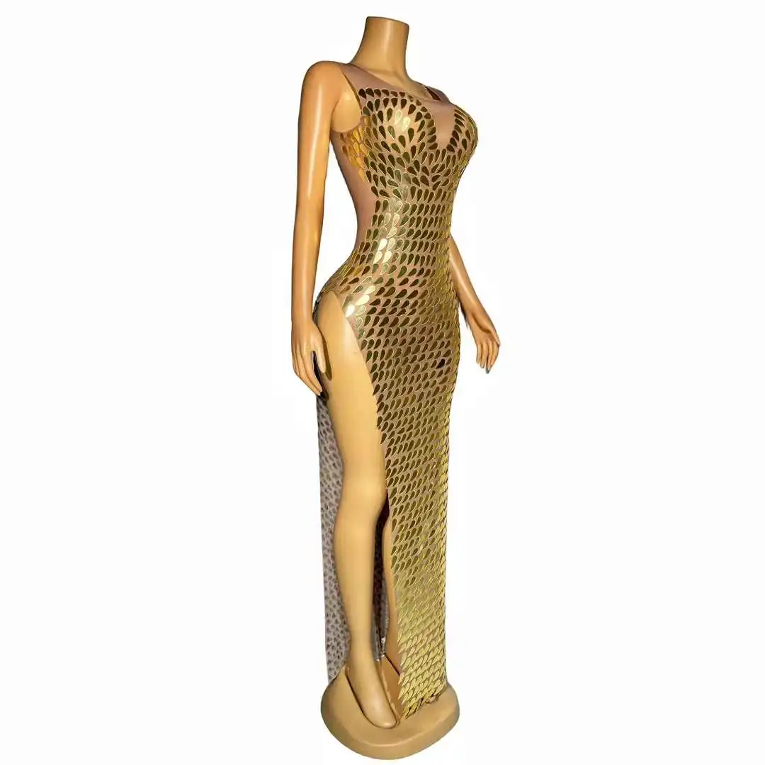 Sprankelende Gouden Spiegels Lange Jurk Sexy Mouwloze High Split Mesh Avond Vieren Prom Verjaardag Jurk Fotoshoot Podiumkleding