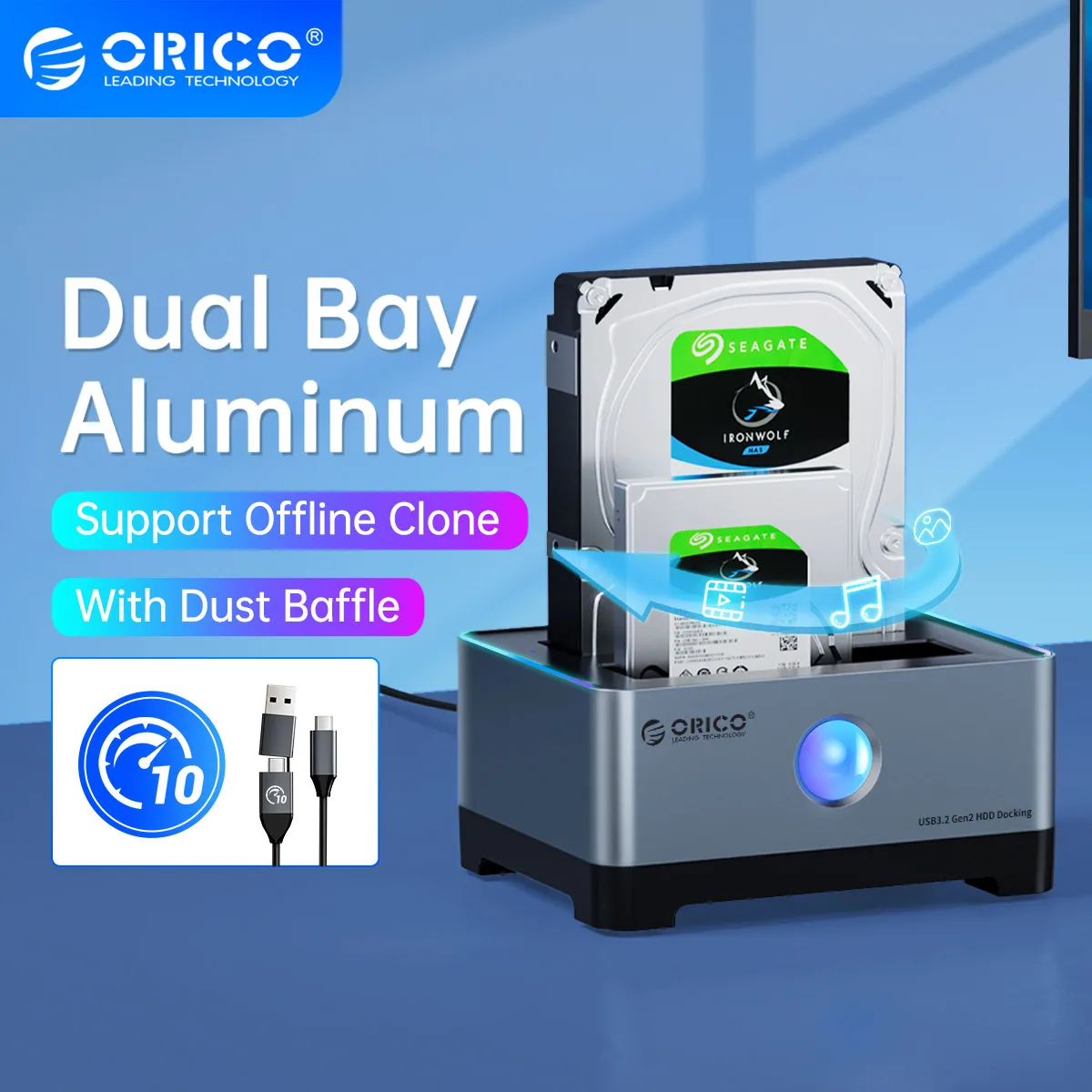 ORICO Offline Clone 2 Bay HDD Enclosure Type-C 10Gbps Aluminum Hard Drive Station 66/96/55/58 Series for 2.5/3.5