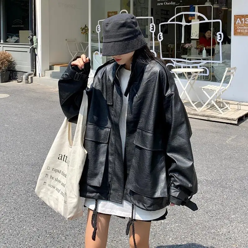 Retro Design Sense Drawstring Long-sleeved PU Leather Jacket Female Students Korean Autumn Loose Long-sleeved Jacket Trendy