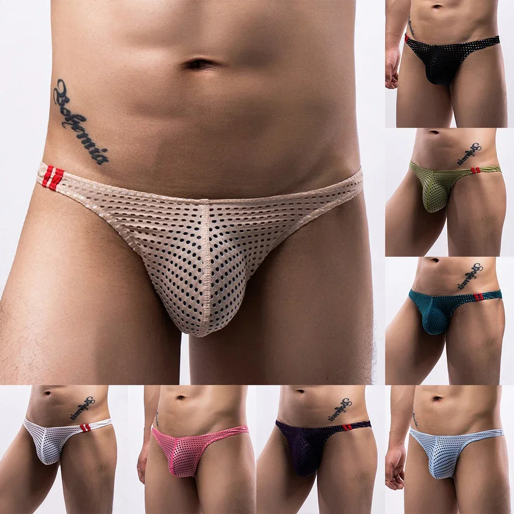 Fashion Men\'s Sexy Pouch Thongs Gay Mesh Swim Low Rise Bikini Briefs Underwear Panties Erotic Breathable Bikini Men\'s Thong