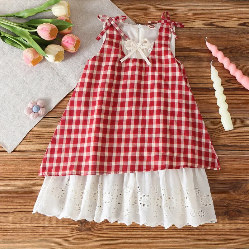 

Детское летнее платье без рукавов 2026: Платье-жилет для девочек, летнее платье-принцесса 2-в-1, модное клетчатое платье